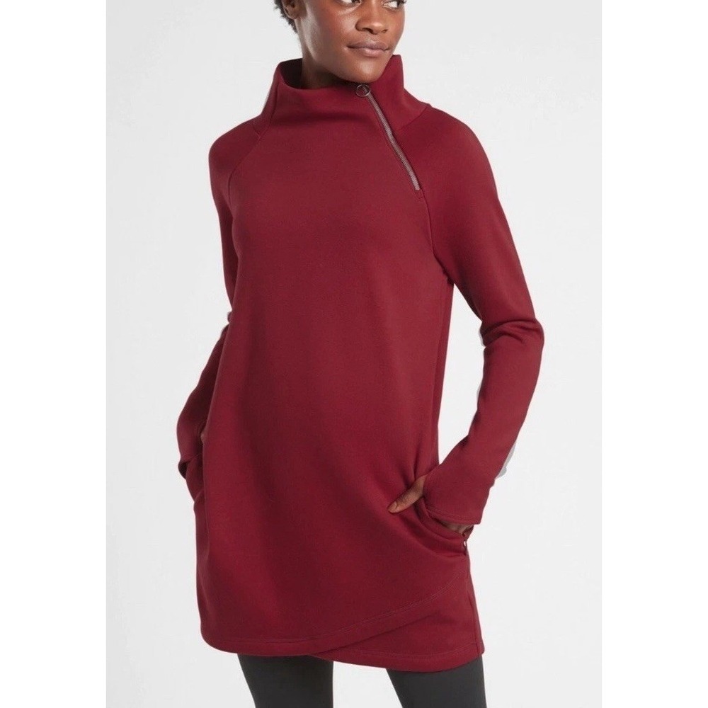 Athleta Cozy Karma Asym Sweatshirt Dress Decadent Red Size Medium #383427